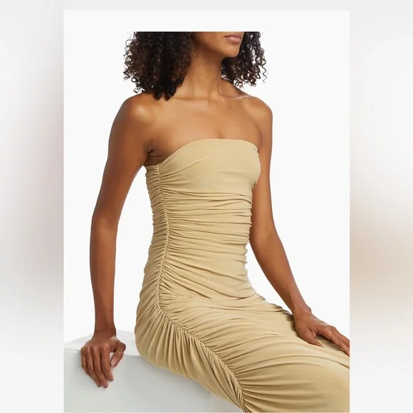 Norma Kamali Tan Asymmetrical Ruched Midi Dress - Picture 3 of 8